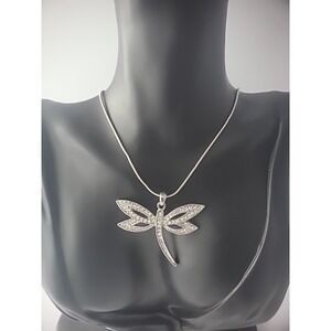 Vintage Necklace Chain Rope Dragonfly Pendant Silver Tone Crystals Jewelry